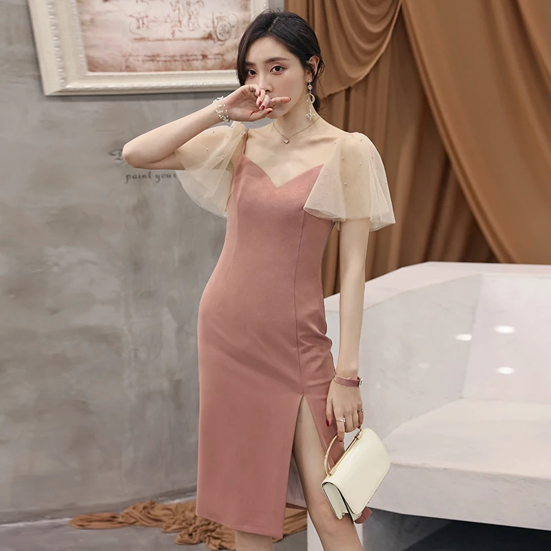 YIGELILA женское розовое вечернее платье модное летнее сексуальное Сетчатое платье средней длины с v-образным вырезом и коротким рукавом 64830