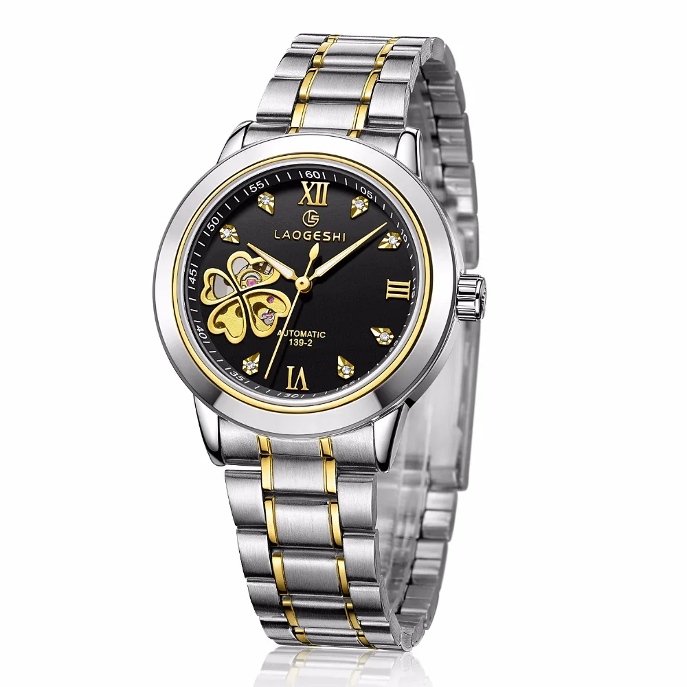 

Luxury Brand Tourbillon Lovers' Watches Men Automatic Mechanical Watch Women Four leaf flowers hollow Stainless Steel Wristwatch