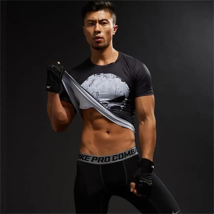 Punisher Gym Sport Short Sleeve T Shirt Men T-Shirt Male Crossfit Tee Captain America Superman tshirt Fitness Compression Shirt