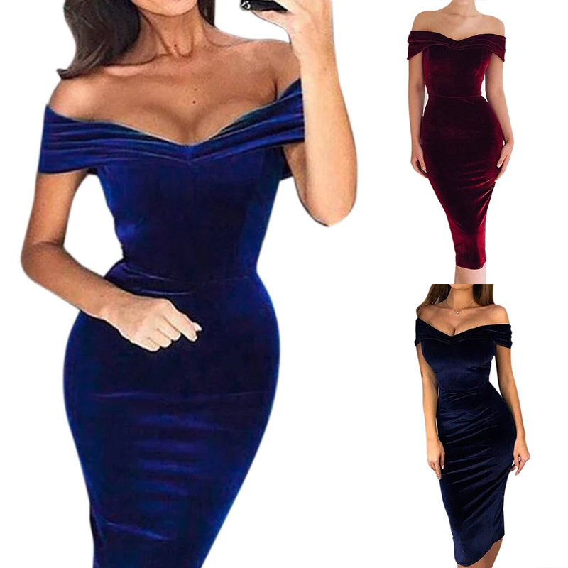 Women's Dress Woman Off Shoulder Velvet Party Cocktail Dresses Female Casual Sexy Elegant Dress Slim Bodycon Fashion Vestidos
