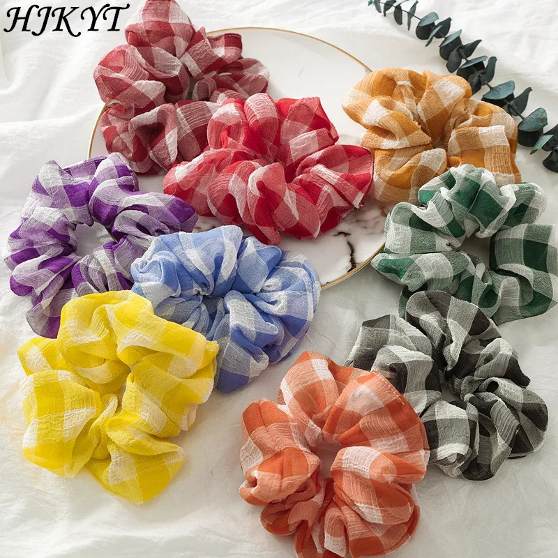 

HJKYT summer accessories rubber bands for hair accesories scrunchie plaid women tie elastic cute fabric flowers japanese boheme