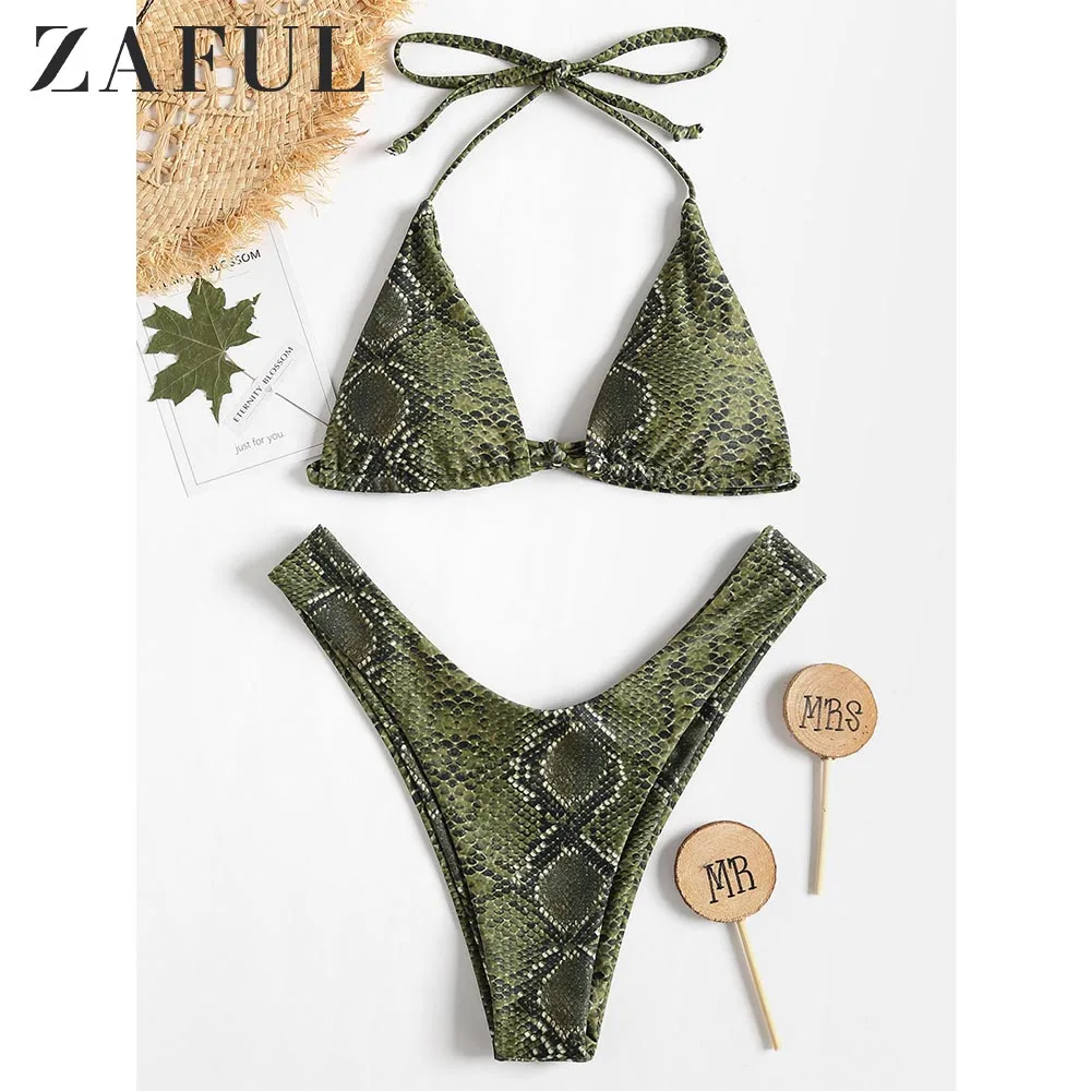 ZAFUL Bikini Halter Snakeskin High Leg Bikinis Set Sexy High Cut Bathing Suit Women Swimsuit Wire Free Padded Swimwear