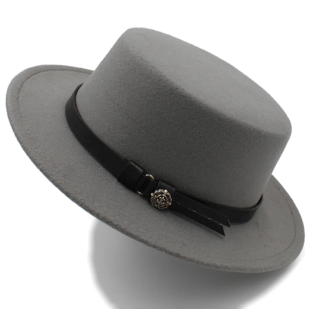 Dark Gray Мода Англия Женская шапка для Для женщин без каблука фетровая шляпа Laday прок пирог Chapeu де Feltro котелок Картежник Top Hat с пояс - Цвет: Dark Gray