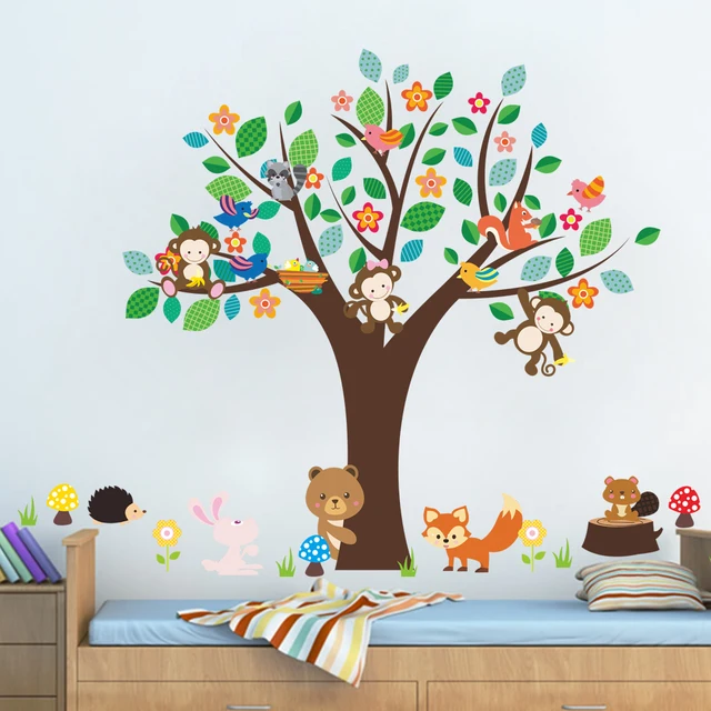 Pegatinas de pared de animales del bosque grandes, árbol, oso, ardilla,  mariposa, calcomanía de pared para habitación de niños, pegatinas  decorativas para pared - AliExpress