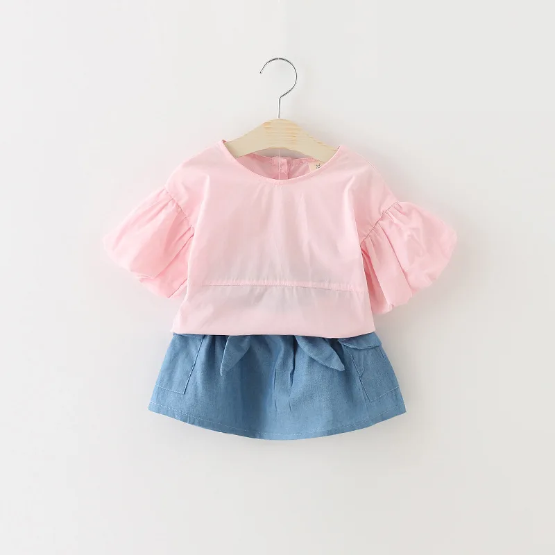 Jual Baru Bayi Perempuan Pakaian Set 2 Pcs Kapas Rok + T Shirt Kasual Musim Panas Gaya Bayi Gadis Pakaian Pink Padat cocok untuk Pesta