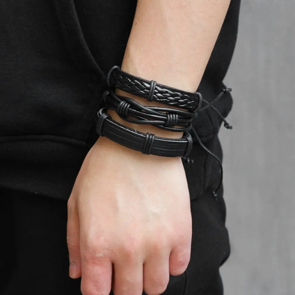 5PC/SET Men Jewelry Adjustable Black Coffee Pu Leather Beads Wrap Viking Bracelet Multilayer Chain Bracelet DIY Jewelry A30