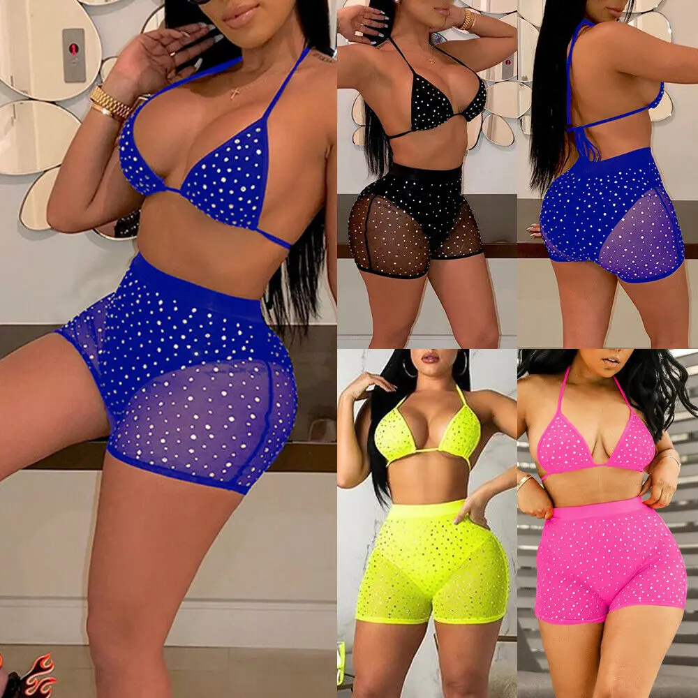 

Summer Brand New Women Halter Neck Rhinestone Crystal Diamond Push-up Micro Bikini Set Bathing Swimsuit Swimwear Plus Size XXL