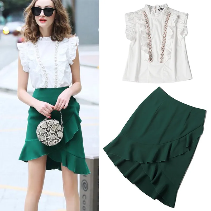 

Summer Women Embroidery Beaded Ruffles Sleeveless Blouses Tops + Green Ruffles Elegant Sexy Irregular Ladies Skirts Suits NS997