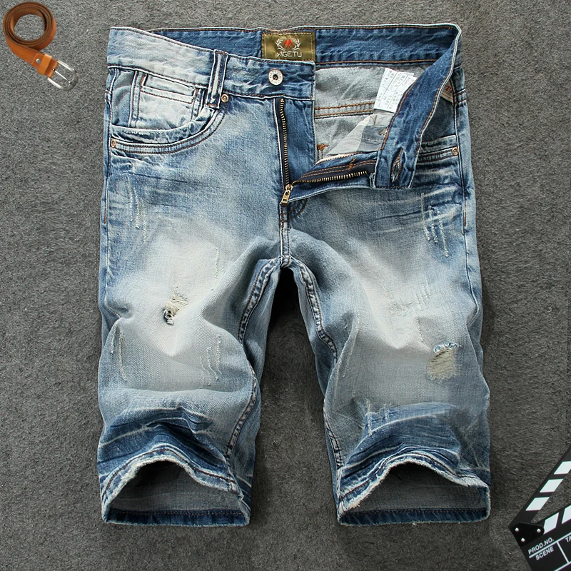 

Italy Vintage Style Fashion Men Short Jeans Blue Color White Wash Ripped Jeans hombre Summer Streetwear Hip Hop Jeans Shorts Men