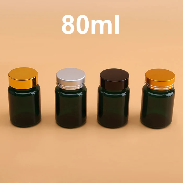 

100PCS 80ML Translucent Dark Green Color PET Bottle with Screw Metal Cap, Plastic Capsule Bottle, 80CC Medicine Bottles--NEW