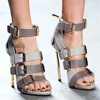 

Runway Style Buckle Strap Metal High Heels Sandals Ladies Summer Dress Party Shoes Woman Punk Open Toe Ankle Women's Sandals