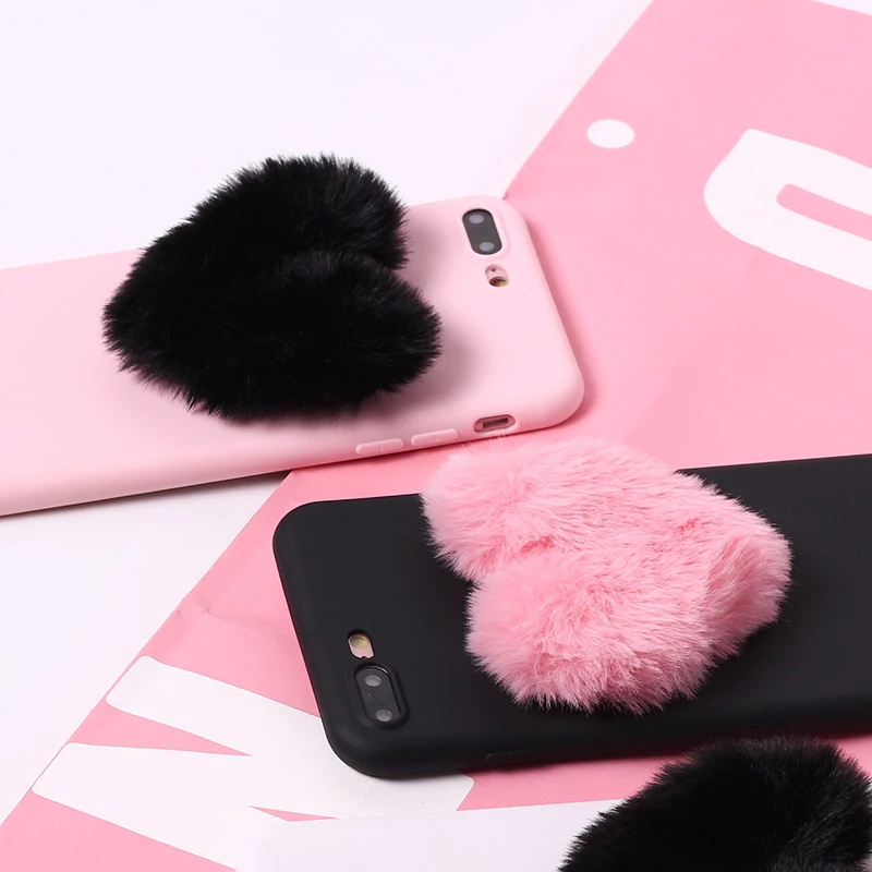 Lover Fluffy Fur Heart Pom Soft Candy Matte Phone Case For iPhone 6S 5S SE 8 8Plus X XS Max 7 7Plus Samsung S7 S8 S9 Plus |
