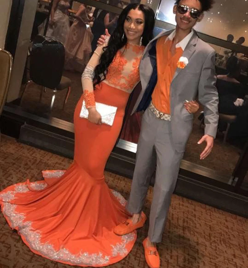 Orange Mermaid Black Girls Prom Dresses Long 2019 Lace Appliques See Through Sweep Train African