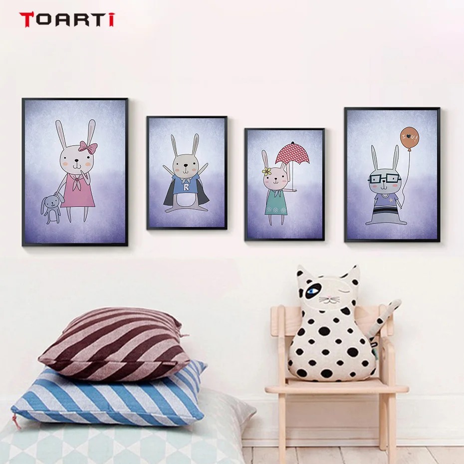 Amiable Rabbit Colorful Cartoon Wall Art Purple Canvas Painting Vintage Posters&Prints Nursery Picture Kids Room Home Decoration (1)
