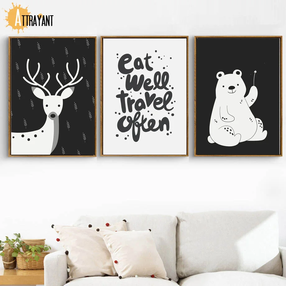 

Cartoon Black White Deer Bear Quotes Wall Art Canvas Painting Nordic Posters And Prints Wall Pictures Kids Room Nursery Decor