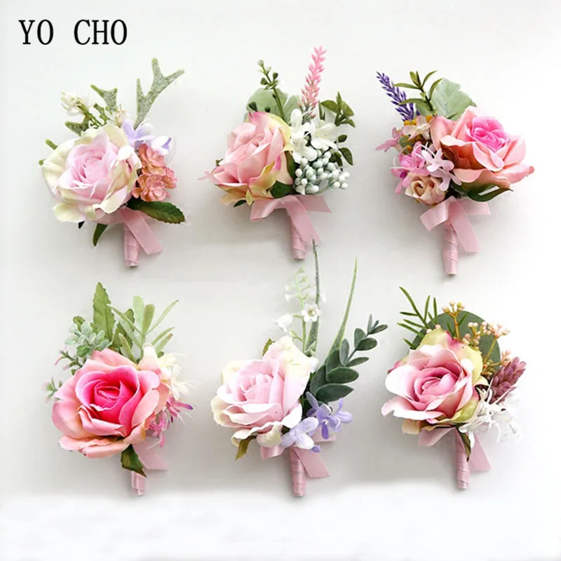 YO CHO Boutonniere Wedding Corsages and Boutonnieres Pink Roses Silk Flowers Boutonnieres Groom Men Marriage Wedding Accessories