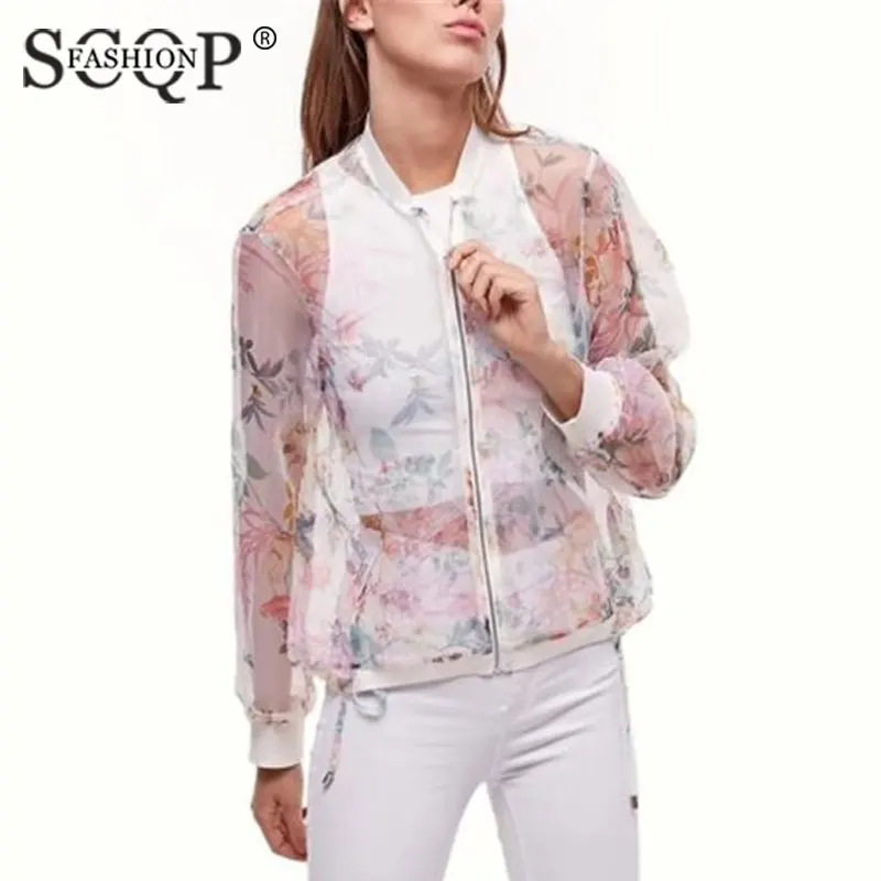 SCQP FASHION Floral Print Pink Bombers Femme Pockets Long ...