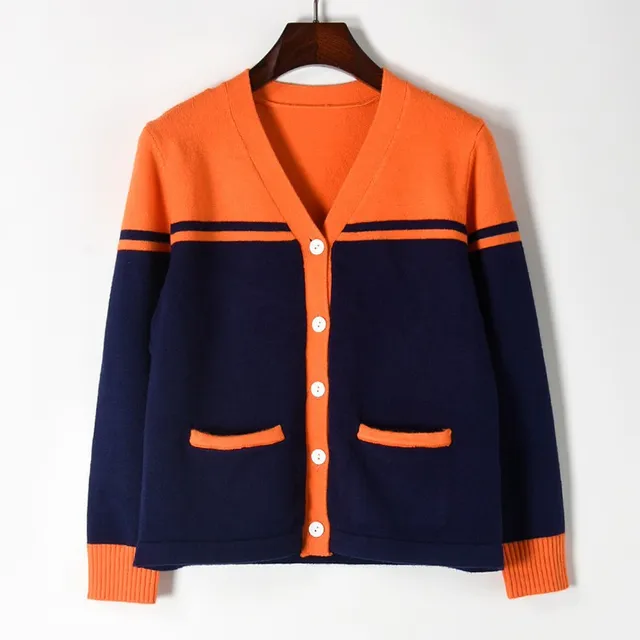Women Knitted Cardigan Single breasted Orange Blue Patchwork Sweater