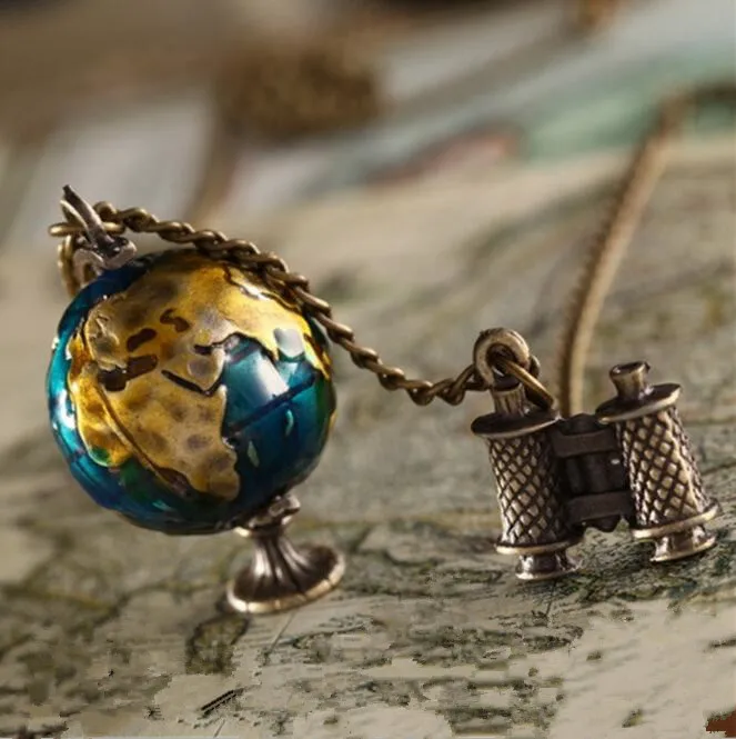 

Fashion jewelry women personality Vintage Miniature Telescope global travel world globe Pendant female necklace Wholesalers