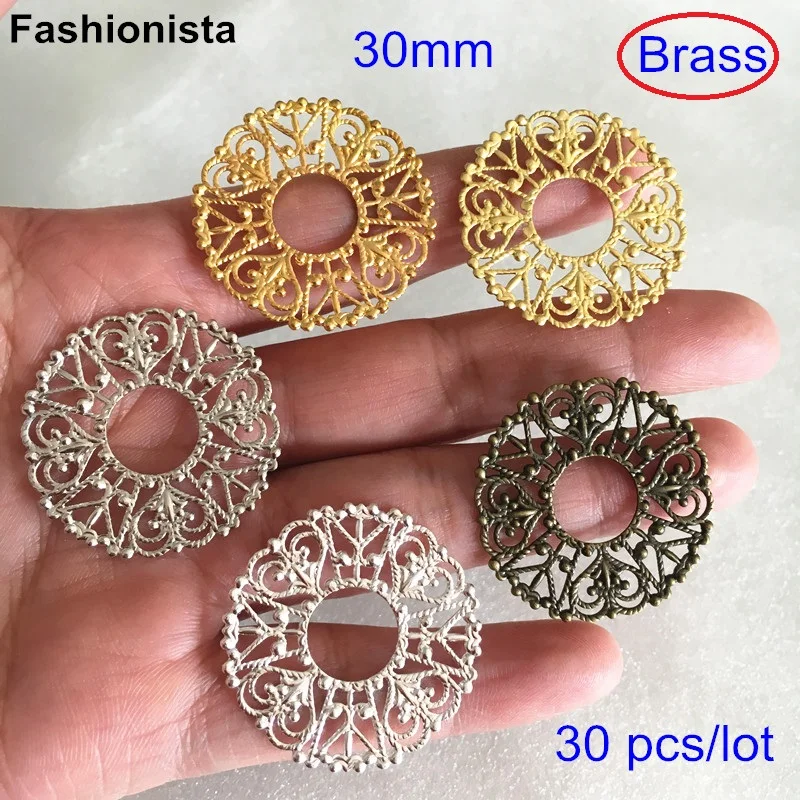 

30 pcs Brass Filigree Ring Connectors,30mm Round Filigree Brass Charm Connectors,Gold-color,Silver-color,Bronze,Jewelry Supplies