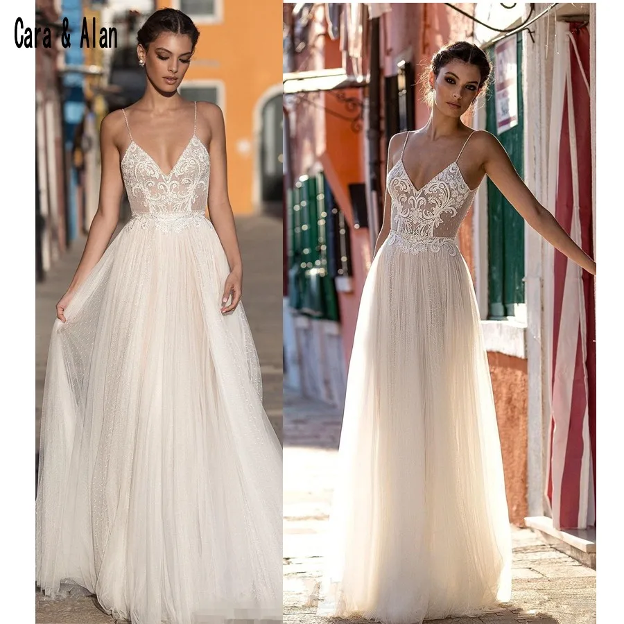 

2019 Sexy Bohemian Beach Wedding Dresses A Line Lace Applique Backless Tulle Boho Bridal Gowns Custom Made vestido de noiva