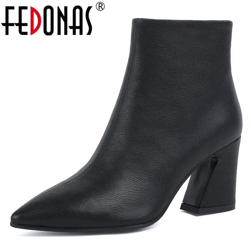 

FEDONAS Fashion Women Genuine Leather High Heels Ankle Boots Pointed Toe Zipper Chelsea Boots Party Office Ladies Shoes Woman