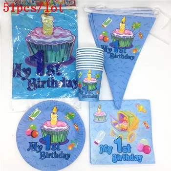 

51pcs/lot Blue My 1St Birthday Party Children's Birthday Decorative Flags Table Plates Cartoon Moana Theme Party Supplies