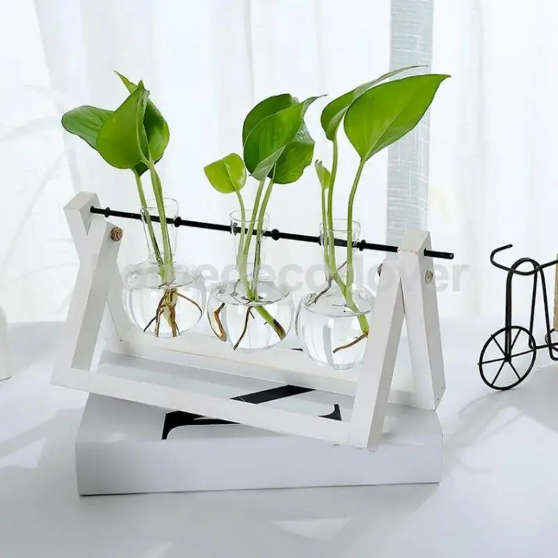 Tabletop Wood Stand Glass Flower Vase Plant Planter Hydroponic Container Home Decor