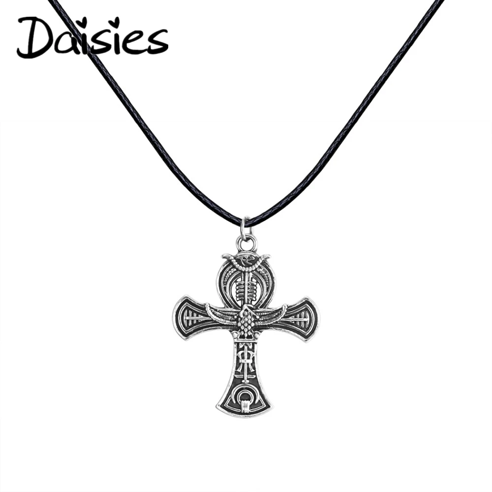 Antique Silver Punk Unique Ankh Egyptian Cross Life Rope Chain Slavic Pendant Necklace Christmas Jewelry Gift for Men Women