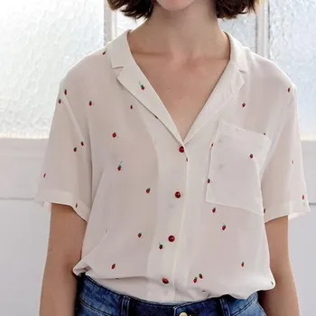 

Strawberry print turn down red buttons short sleeve silk chemise volare fraises women summer blusa feminina