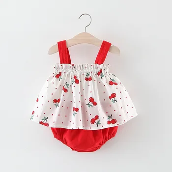 

Infant Girls Baby's Sets Spaghetti Strap Cherry Print Vest Tops + PP Shorts Summer Beach Princess Party Kids Suits 2Pcs Clothes