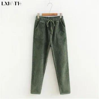 

LXMSTH Korean Elastic Waist Drawstring Corduroy Pants Womens Solid Loose Casual Haren Pants Mid Waist Thin Trousers Women 2019
