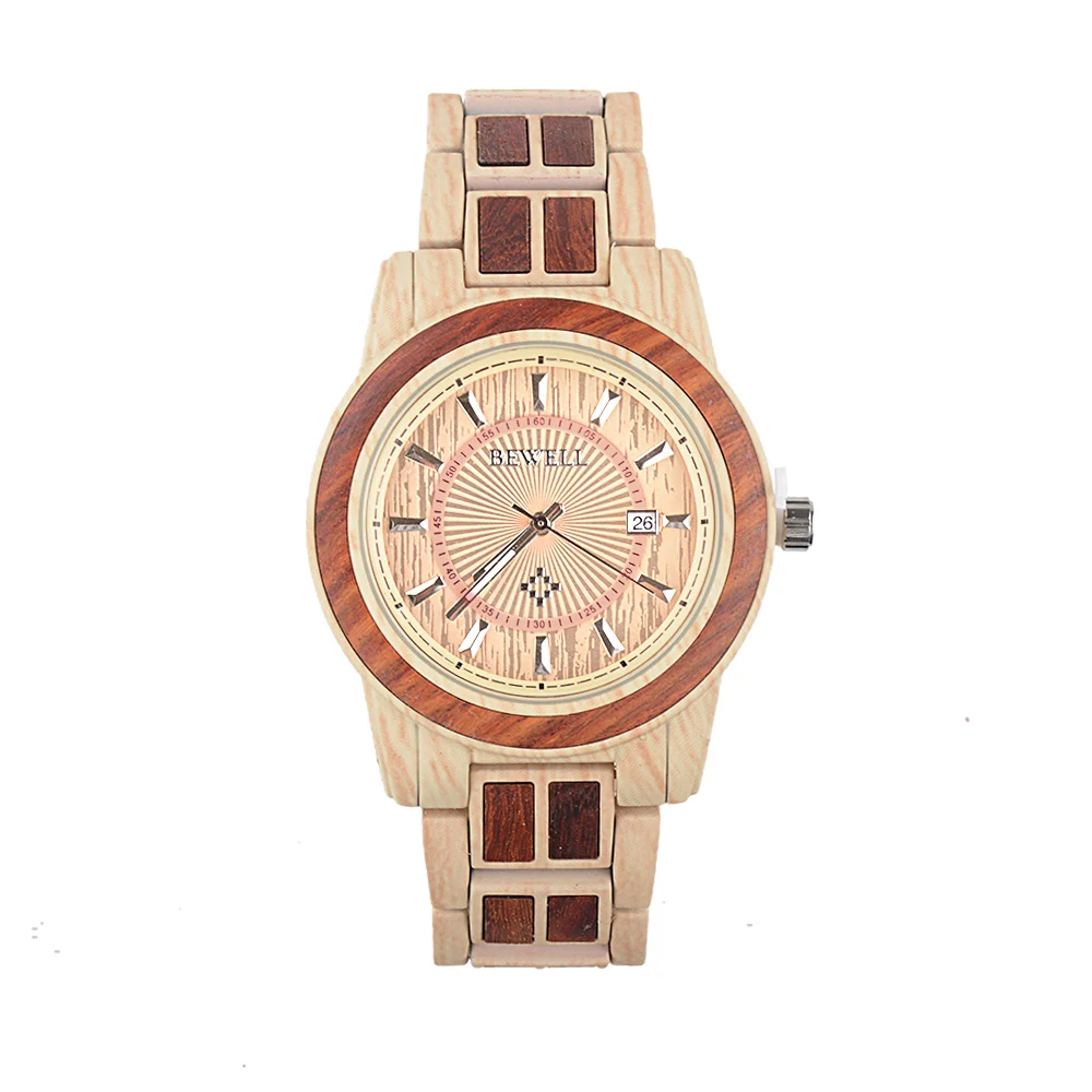 BEWELL New Arrival Unisex Alloy Wood Watch Men And Women Round Quartz Wristwatch 3 Bar Water Risistance Auto Date Watch W1053A 