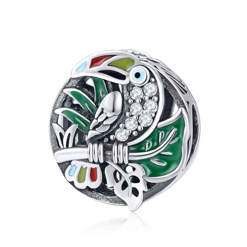 Fit Pandora браслет серебро 925 красочные CZ Toucan бусины с попугаем S925 розовый и зеленый циркониевый дерево птица подвеска для DIY ювелирных изделий - Цвет: asd853