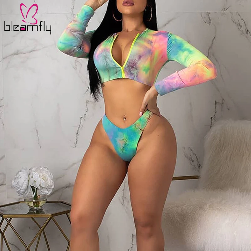 

2019 New Print Sexy 2 Piece Women Set Summer Long Sleeve Zipper Crop Top + Shorts Two Piece Set Sexy Beach Wear Suit Female