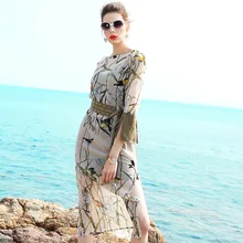 2017 Summer Womens Dresses Split Printed Bamboo Elegant Vintage Folk-custom Dress Sexy Club Lace Slim Women Clothing Girls Dress