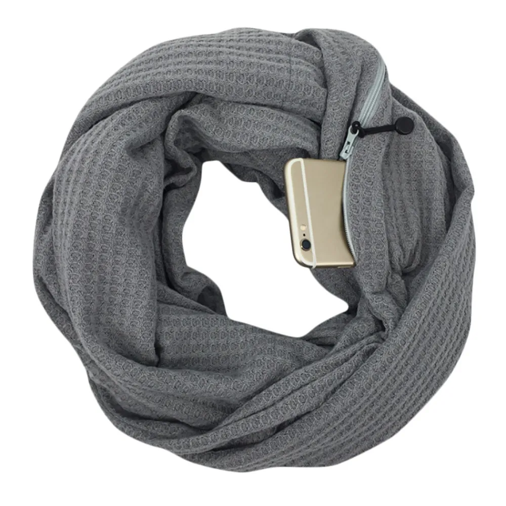 Women Fashion Wool Winter Thermal Active Infinity Scarf With Zip Pocket