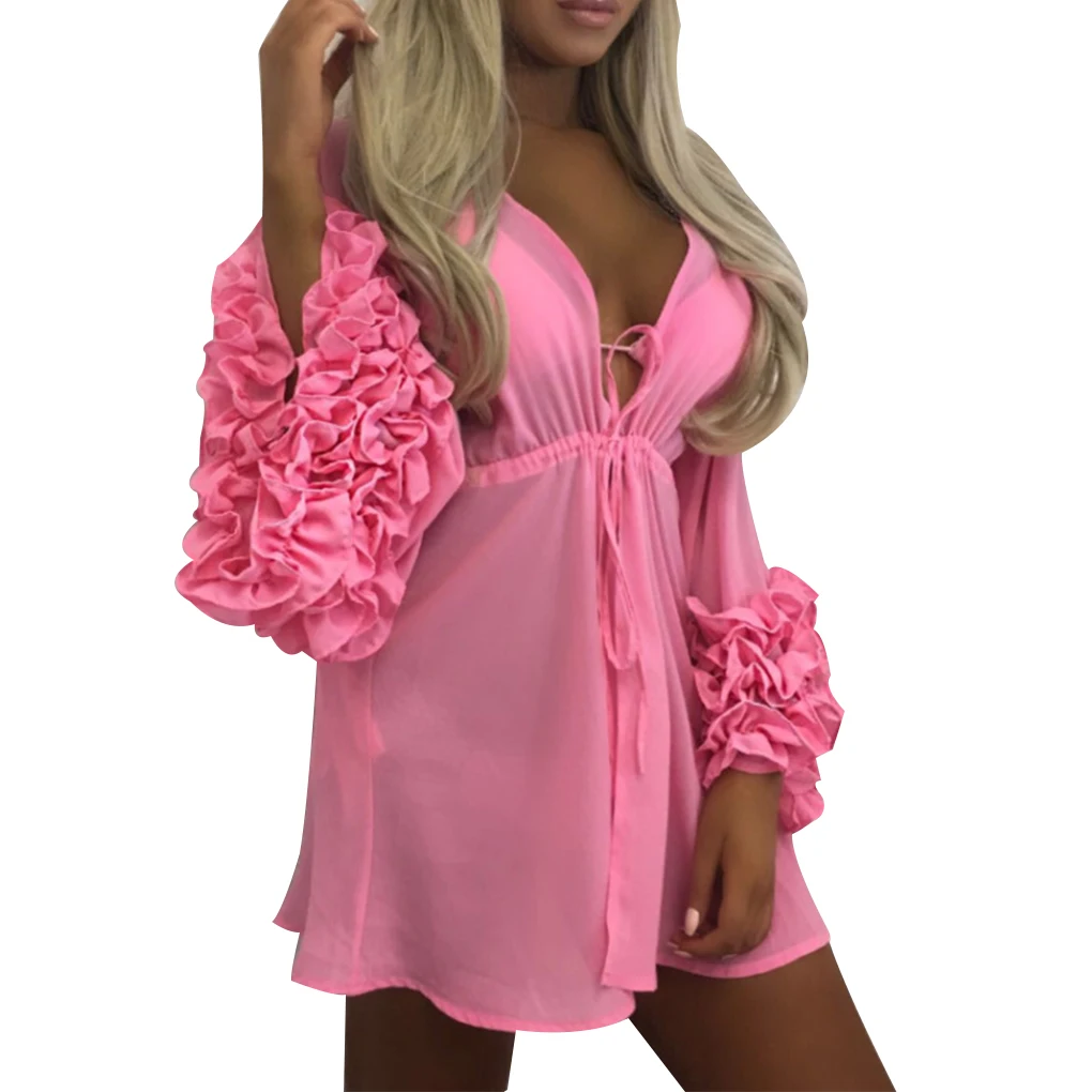 Women Sexy Beach Cover up Long Puff Sleeve Bathing Suit Summer Beach