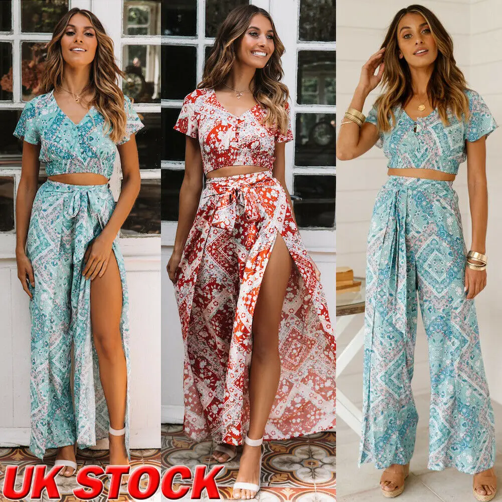

Hot 2019 Women Boho Floral Long Pants Floral Bandage Elastic Split Loose Fashion Beach High Waist Lady Wide Leg Casual Trousers