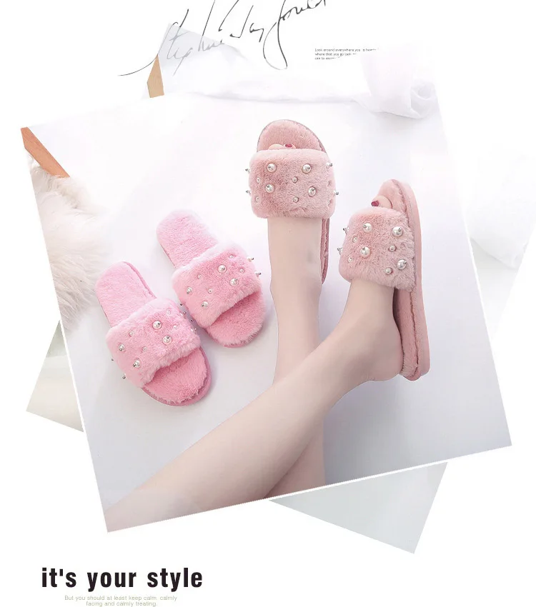 Winter New Pearl Fur Slippers Women's Velvet Slippers Floor Tow Slippers Woman Slippers Women Sapato Feminino M8G41 (6)