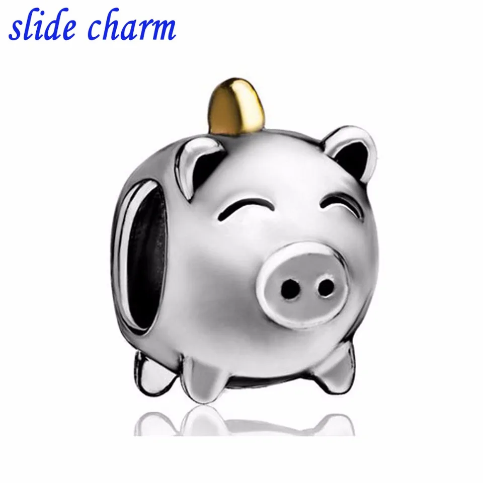 slide charm Free shipping pig piggy bank animal beads fit Pandora - Main Image