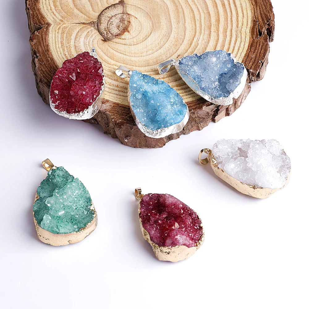

1pc Agates Drusy Natural Stone Pendant Necklace Gold-color Raw Crystal Necklace For Women Jewelry DIY