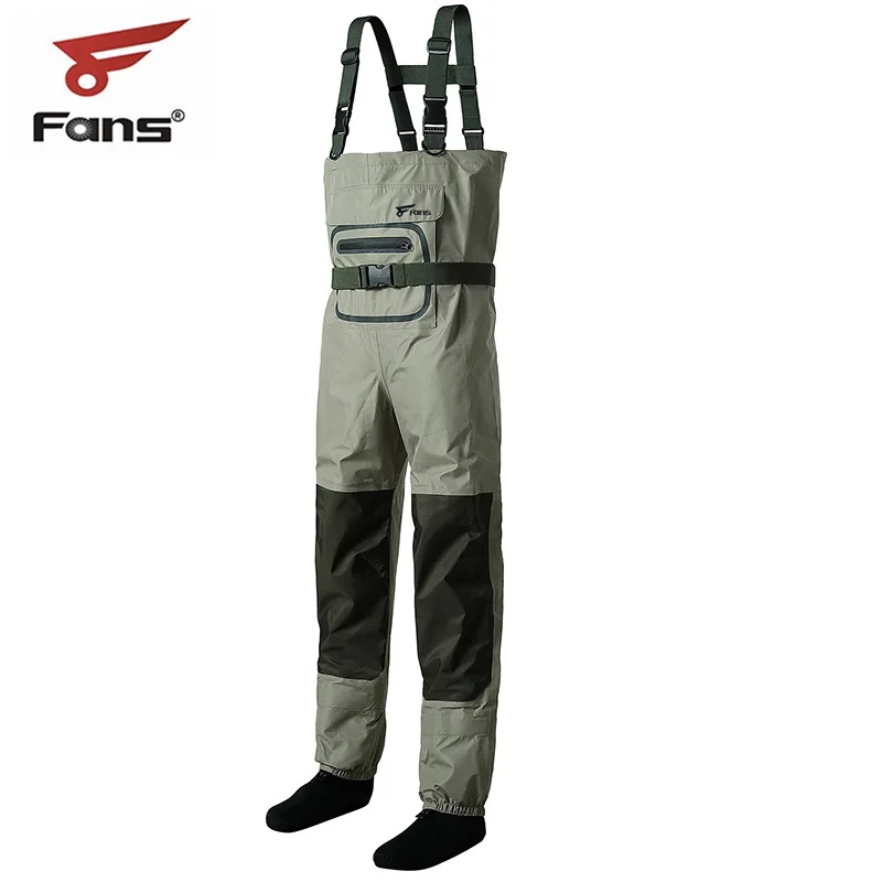 3 layers Fly Fishing Stocking Foot ,waterproof and breathable chest waders with one buckle accidently rope kits