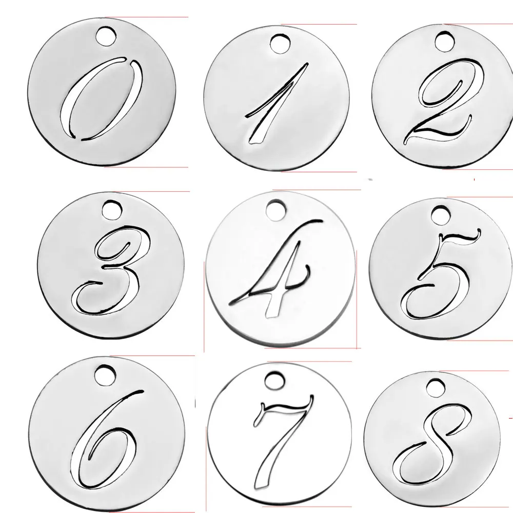 

20pc 12mm nature steel color stainless steel tag Fashion Jewelry Charms Lucky DIY hollow Number Pendant 0-9 single Arabic number