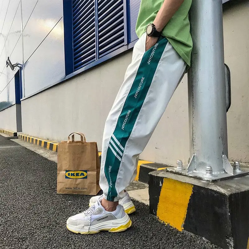 Japanese Style Hip Pop Men s Long Patchwork Reflective Track Pants Joggers Elastic Waist Side Striped 4