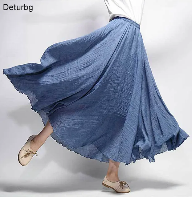 US $12.79 Women's Elegant High Waist Linen Maxi Skirt 2018 Summer Ladies Casual Elastic Waist 2 Layers Skirts