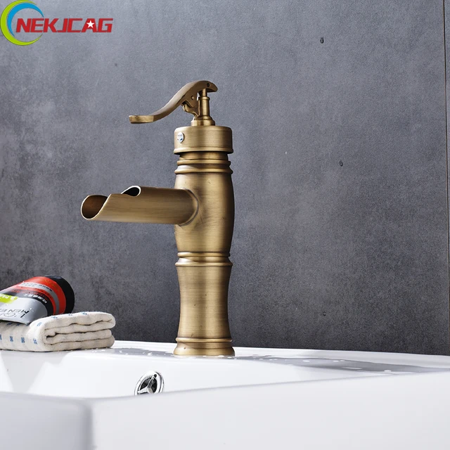 Us 46 2 40 Off Antique Brass Waterfall Bathroom Basin Sink Faucet Single Handle Lavatory Vanity Mixer Tap Free In Faucets From Home