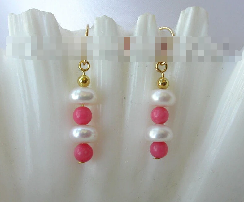 

hot sell new - 1315 round white freshwater pearl pink coral dangle earrings