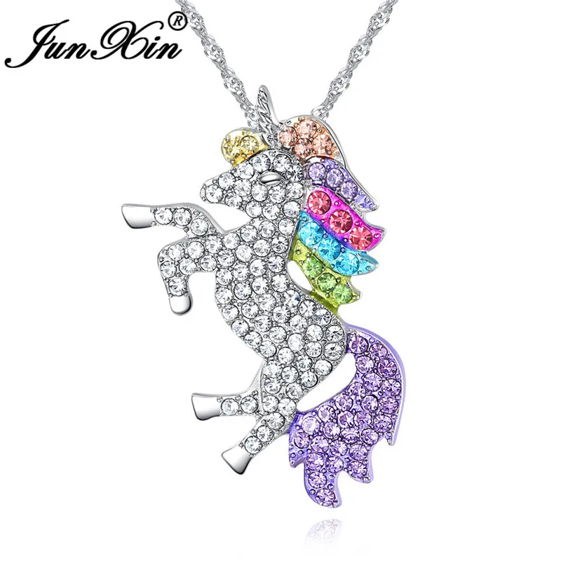 

JUNXIN Cute Full Stone Unicorn Horse Pendants For Women 925 Silver Filled Rainbow Zircon Animal Short Necklace Female Jewelry