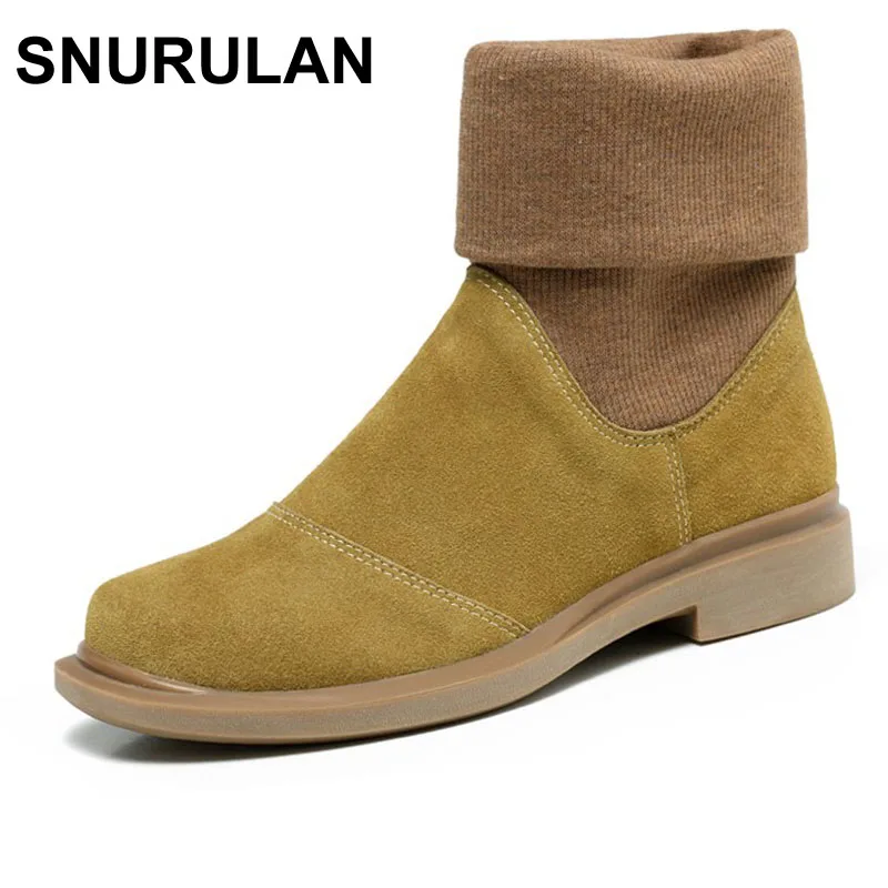 

SNURULAN 2017 New Autumn Winter Shoes Women Boots Genuine Leather Slip On Round Toe 2 Colors 601